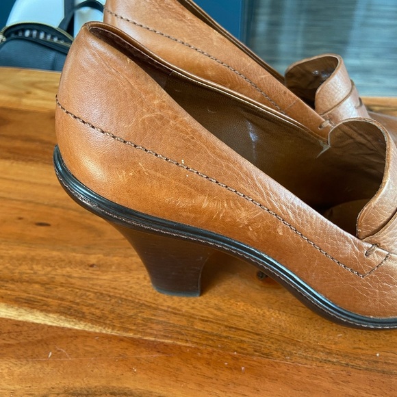 Franco Sarto Cognac Brown Leather Almond Toe European Chunky Heeled Loafer - Picture 3 of 5
